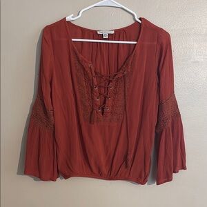 American Eagle Outfitters Brown Bell Sleeve Tie Front Blouse